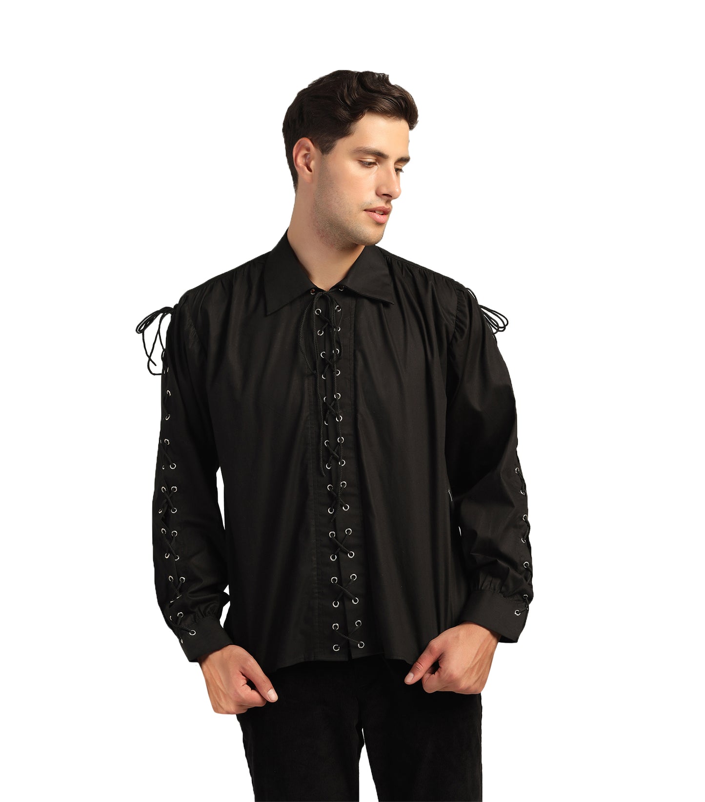 Goth Black Cotton Shirt with Eyelet and Dori Detailing