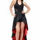 long reversible and overlaped skirt in red and black fabric combined with the black fitted dress