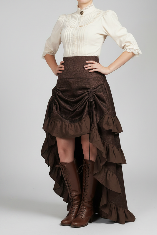 Coffee Brown Brocade Ruched High-Low Steampunk Skirt