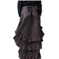 A dark brown ruffled skirt with a subtle damask pattern, featuring a lace-up back waistband, shown on a model from the back against a white background.