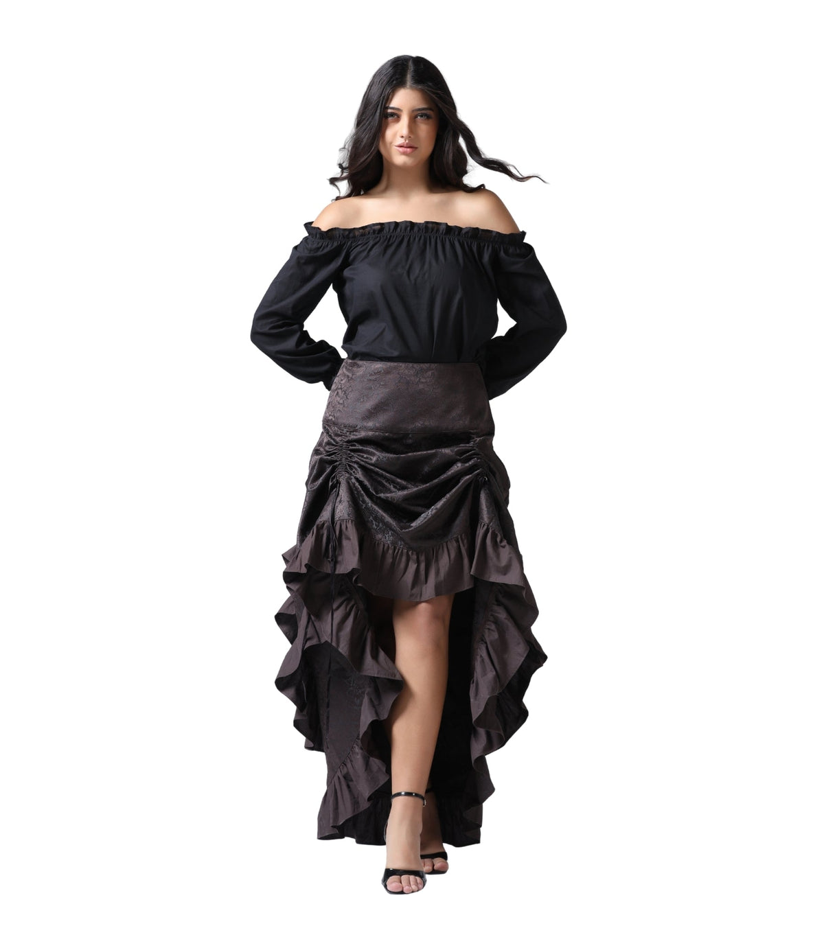 Coffee Brown Brocade Ruched High-Low Steampunk Skirt front view