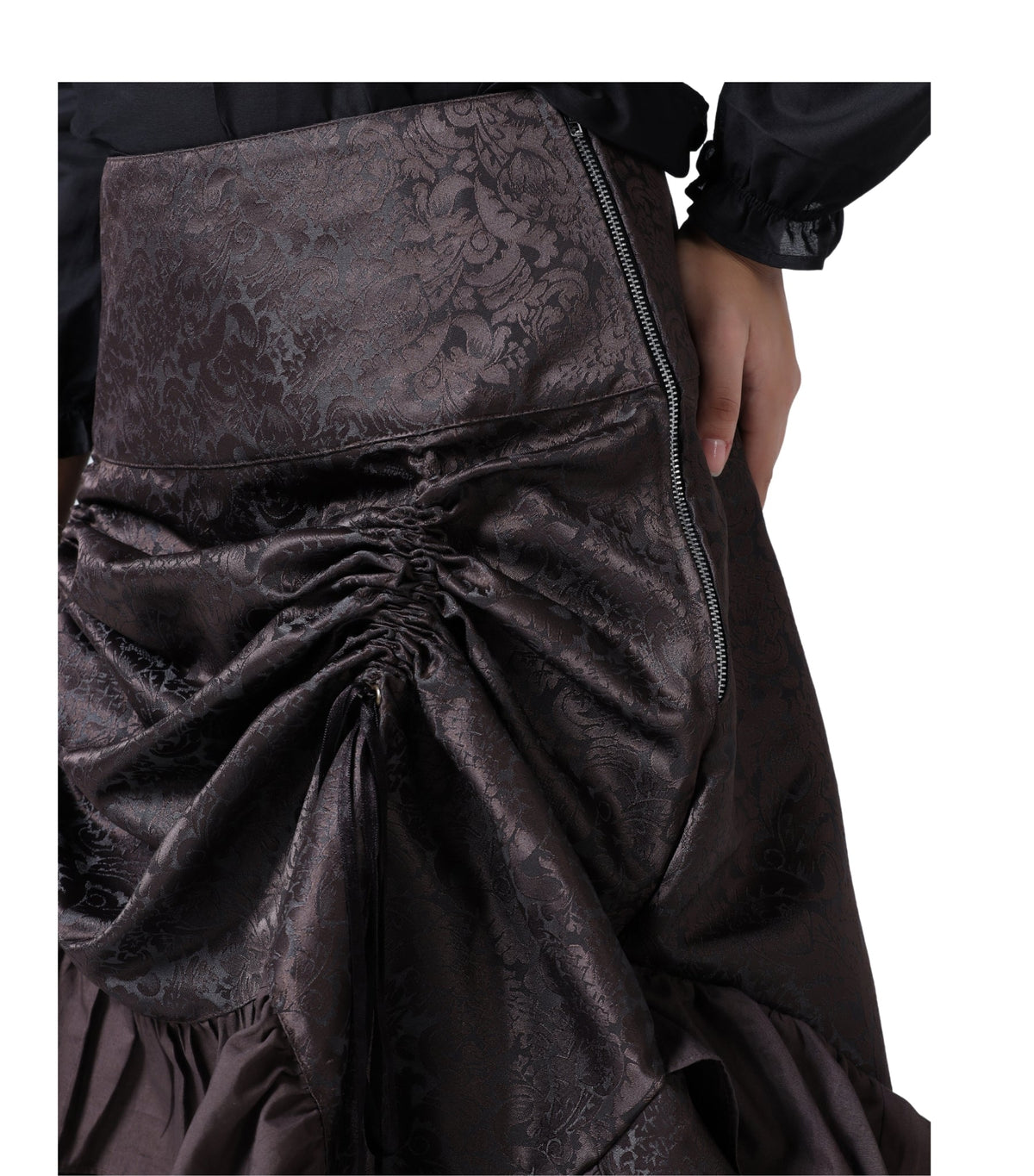 Coffee Brown Brocade Ruched High-Low Steampunk Skirt 