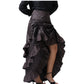 A dark brown ruffled ballroom skirt with a gathered waist and high-low hemline, shown on a model from the back against a white background.