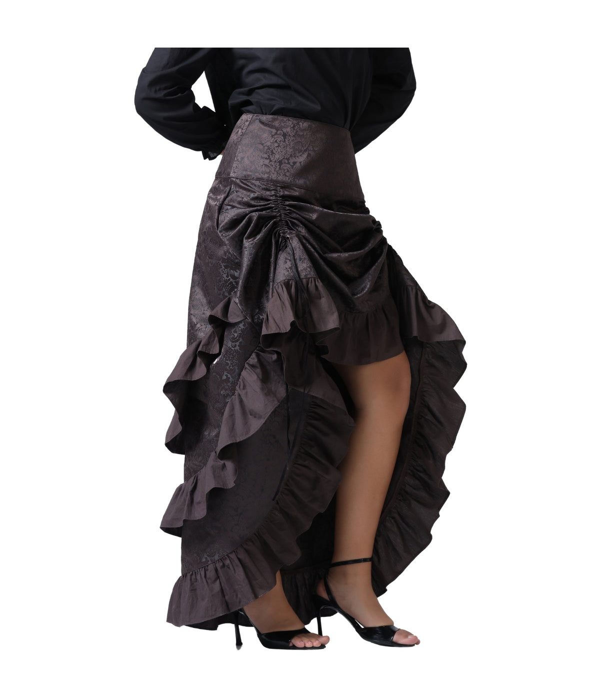 A dark brown ruffled ballroom skirt with a gathered waist and high-low hemline, shown on a model from the back against a white background.