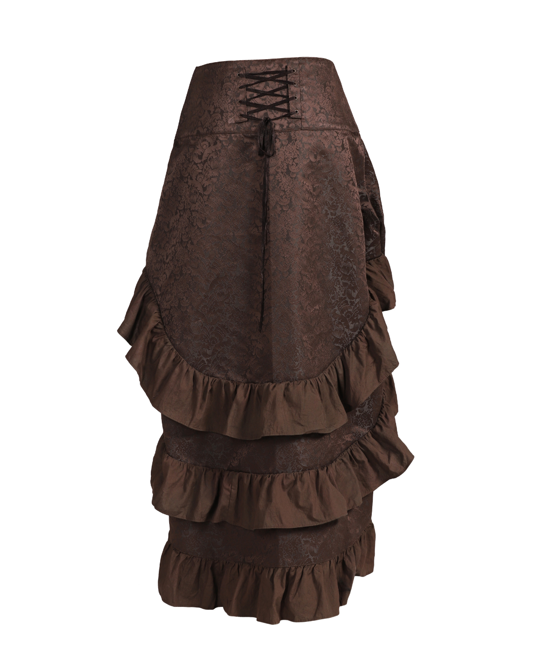 Back view of a model wearing a coffee-brown brocade skirt with a flowing floor-length ruffled hem.