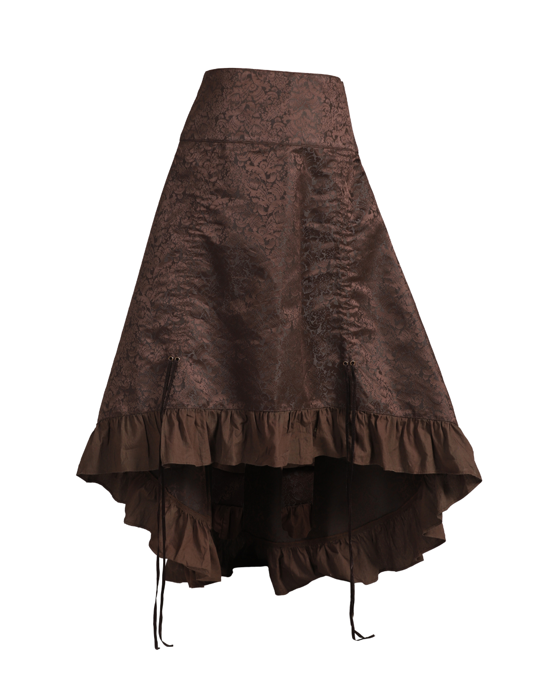 A brown high-low skirt with a textured jacquard pattern, featuring tiered ruffles at the hem and drawstring ties, shown against a plain white background.