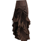 Side view of a coffee-brown brocade high-low skirt showing the gathered front, layered ruffles and side zipper.