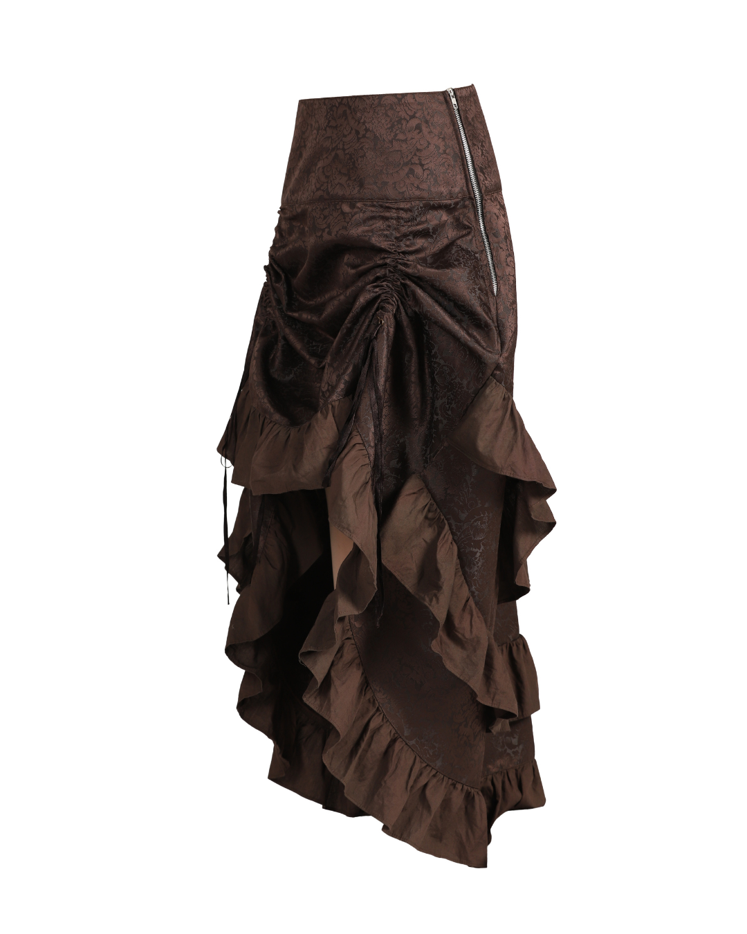 Side view of a coffee-brown brocade high-low skirt showing the gathered front, layered ruffles and side zipper.