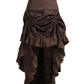 Front view of a model wearing a coffee-brown brocade high-low skirt with drawcord gathers and cascading ruffles.