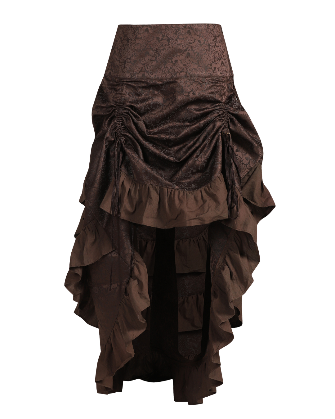 Front view of a model wearing a coffee-brown brocade high-low skirt with drawcord gathers and cascading ruffles.
