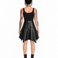 Back view of a model wearing a black PU asymmetrical skirt with a silver centre-back zipper and pointed hem.