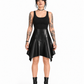 Front view of a model wearing a black PU asymmetrical skirt with a sculpted V-panel waist and pointed handkerchief hem.
