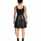 Back view of a tattooed model wearing a smooth black PU A-line skirt with a structured waistband and centre-back seam.