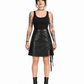 Front view of a model wearing a black PU A-line skirt with silver eyelets and side ribbon lacing.