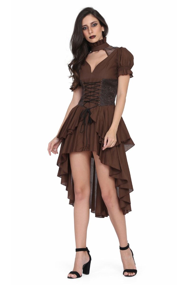 Brown cotton high low Ladies Steampunk dress