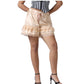 Ivory satin bloomer shorts with elastic drawstring waist and layered cream lace ruffle trim