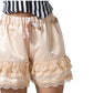 Ivory satin bloomer shorts with elastic drawstring waist and layered cream lace ruffle trim front view
