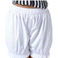 close view  White cotton bloomer shorts with elastic waistband and gathered bubble hem