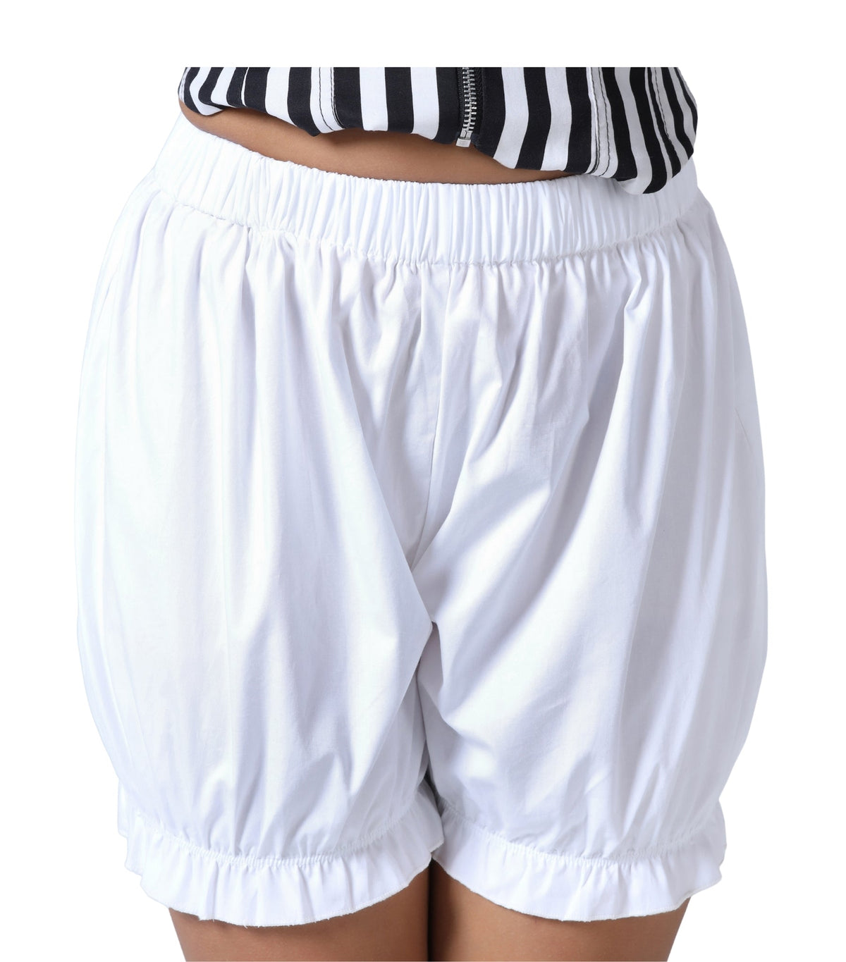close view  White cotton bloomer shorts with elastic waistband and gathered bubble hem