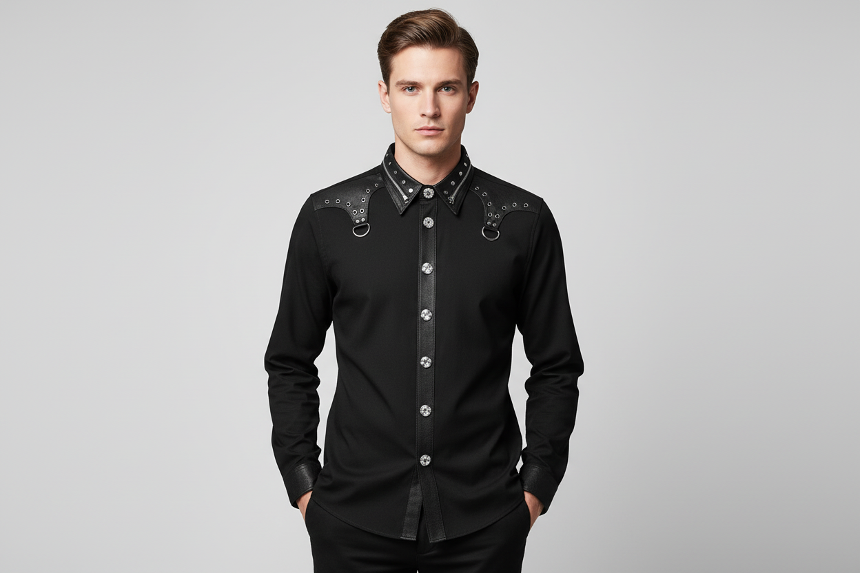Men's gothic  long Sleeve Shirt with satin patch work Easto Garments