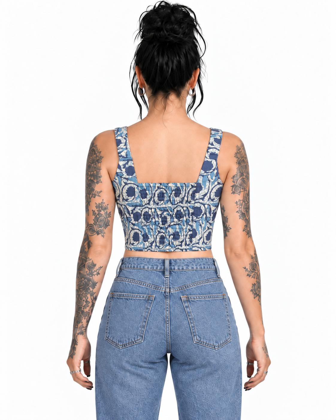 Blue Floral Print Cotton Corset Top back view