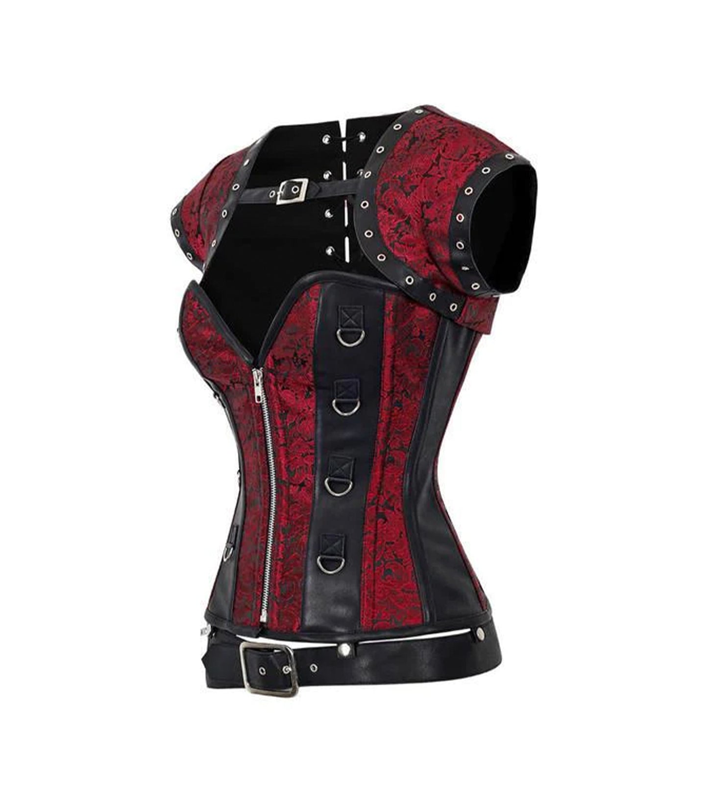 Red Brocade & Black Faux Leather Gothic Overbust Corset