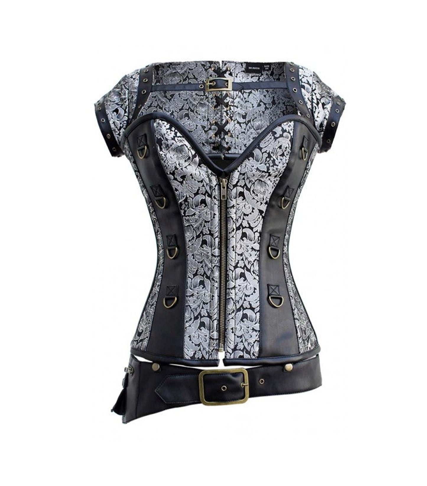 Silver Brocade & Black Faux Leather Gothic Overbust Corset