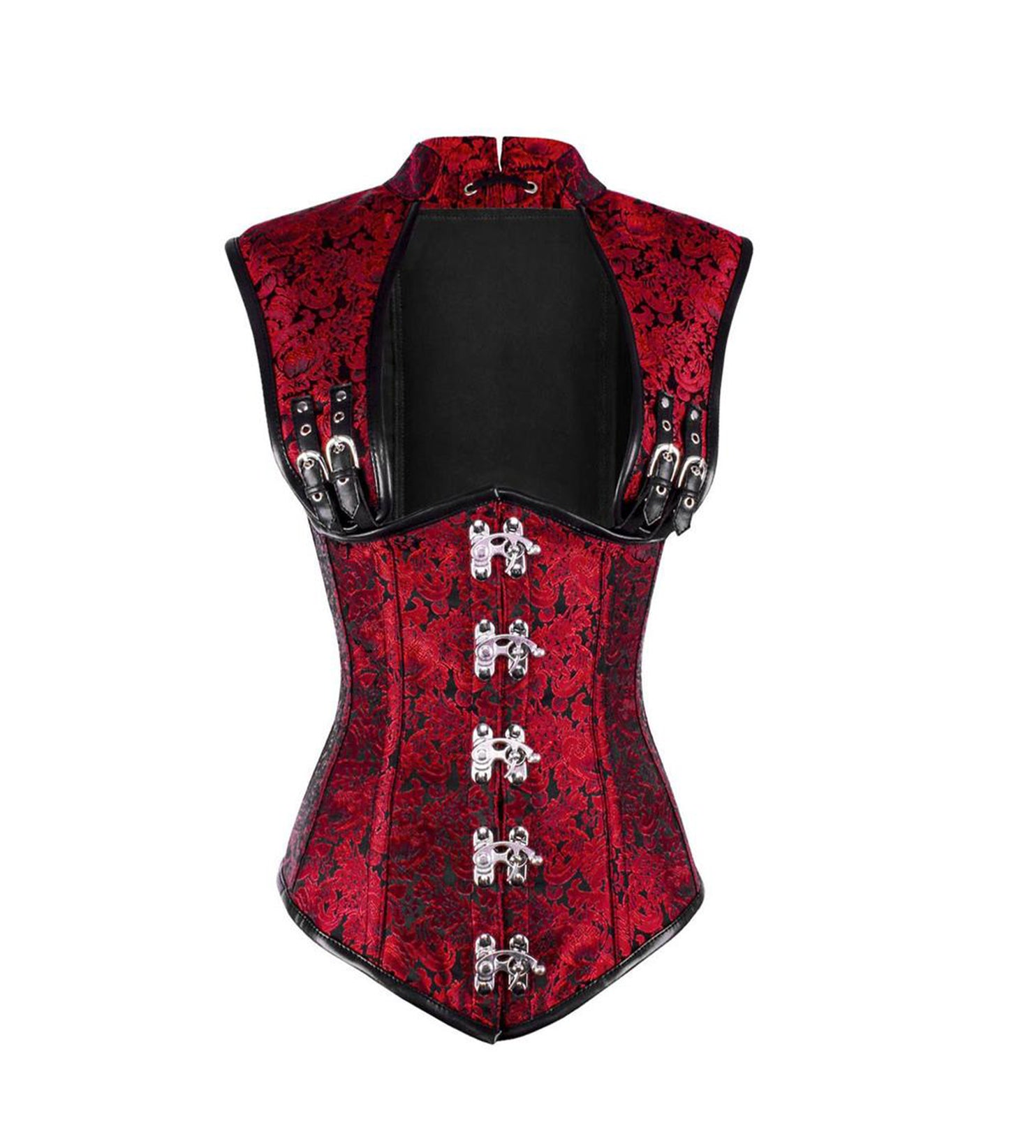 Red Brocade & Black Faux Leather Gothic Underbust Corset