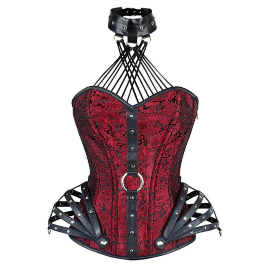 Red Brocade & Black Faux Leather Overbust Corset Easto Garments