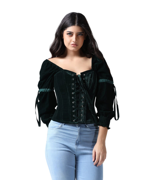 Emerald Empress Off-Shoulder Green Velvet Corset Top | Wholesale Renaissance Corset