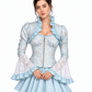 Ice blue brocade steel boned corset top with ruffle collar, puff sleeves and white lace bell cuffs