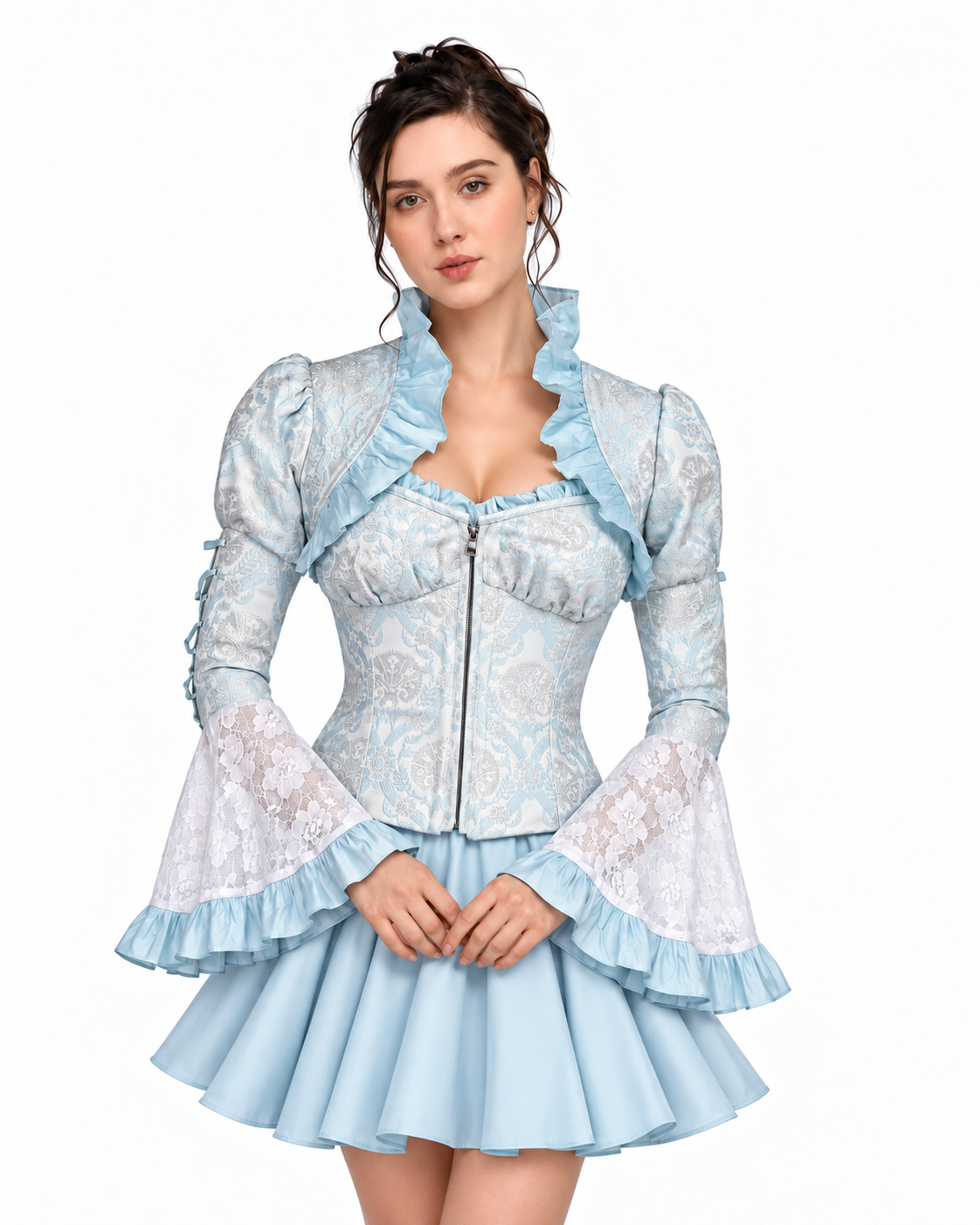 Ice blue brocade steel boned corset top with ruffle collar, puff sleeves and white lace bell cuffs
