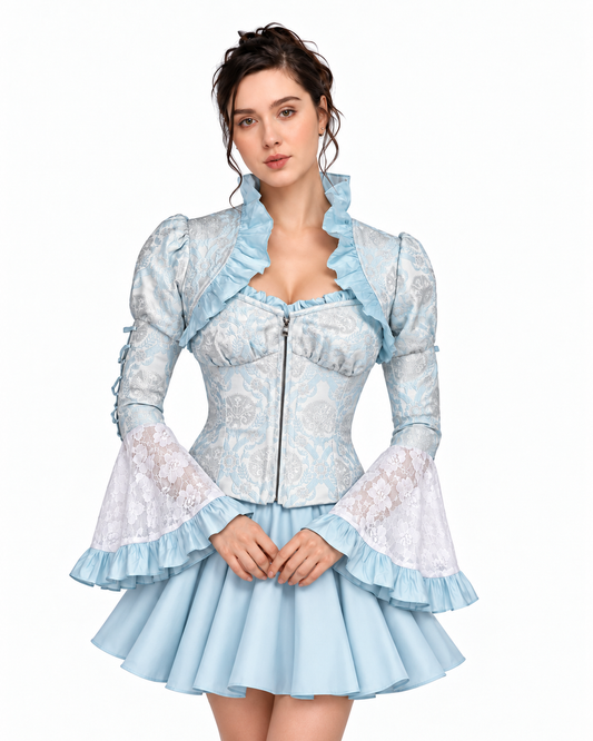 Ice blue brocade steel boned corset top with ruffle collar, puff sleeves and white lace bell cuffs