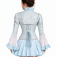 Ice blue brocade long sleeve corset top with adjustable lace-up back and ruffled collar