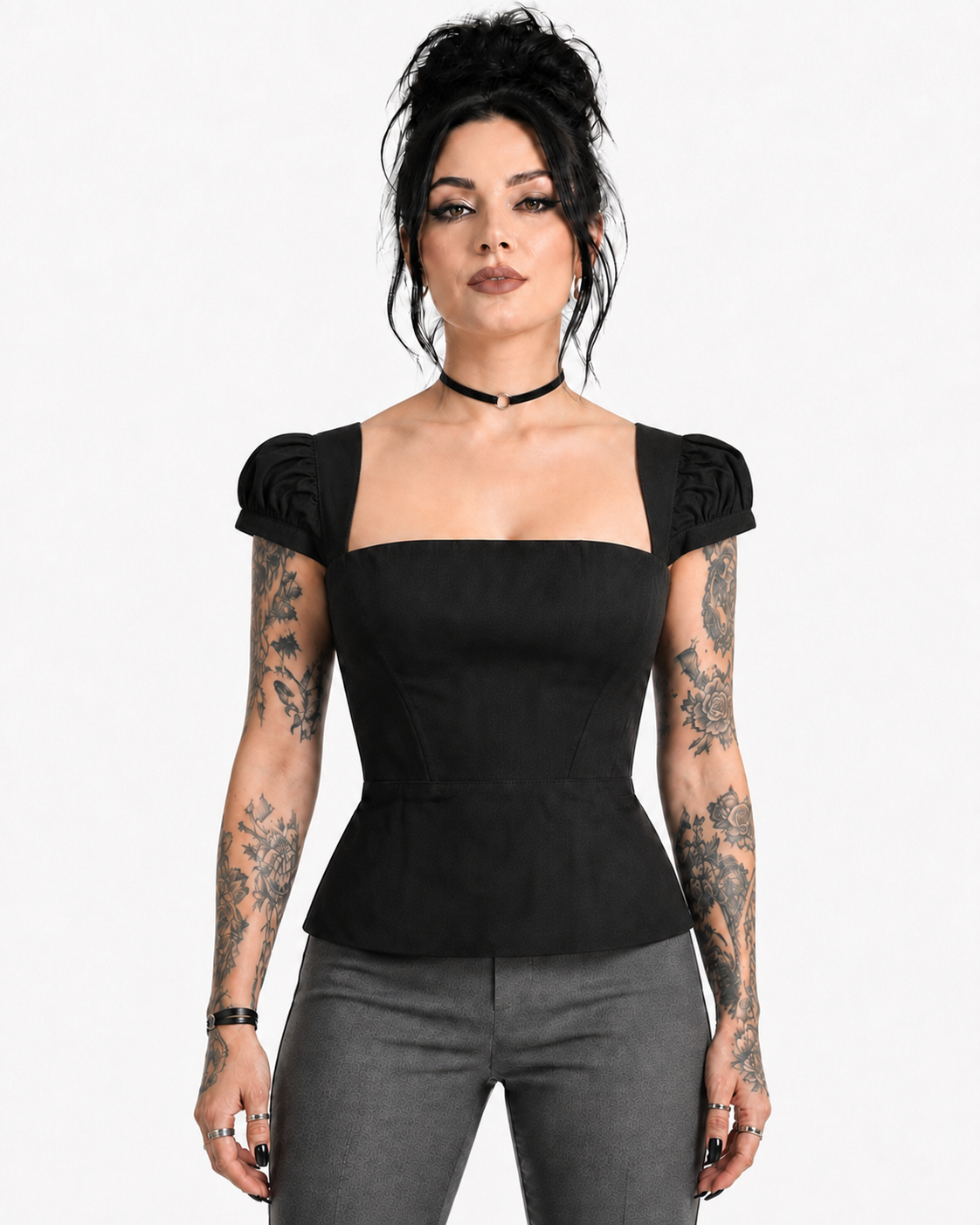 Wholesale Black Square-Neck Puff-Sleeve Gothic Corset Easto Garments
