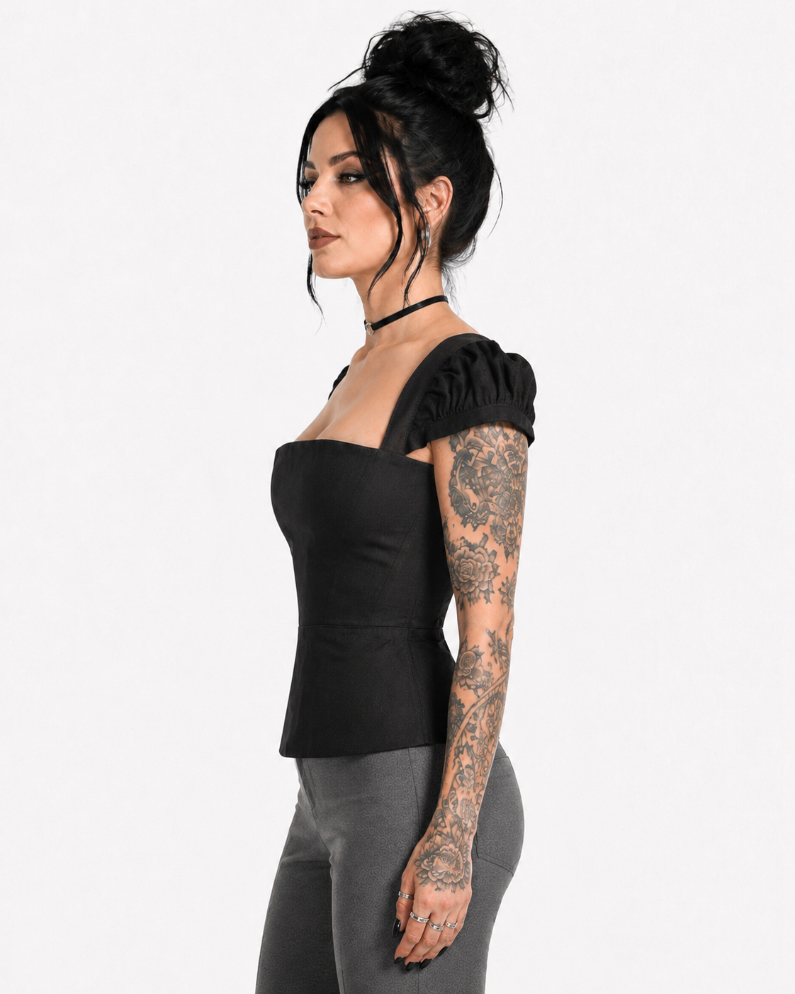 Wholesale Black Square-Neck Puff-Sleeve Gothic Corset