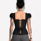 Back view of a black Gothic puff-sleeve corset top featuring metal eyelets and an adjustable lace-up closure.