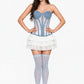 model wearing denim mesh corset on whtite skirt
