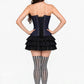 back view model wearing Navy Denim Steel-Boned Overbust Corset with Buckle & Zip Details