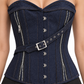 Close-up of navy denim texture, metal busk clasps, vertical zip detailing and an eyelet buckle strap.