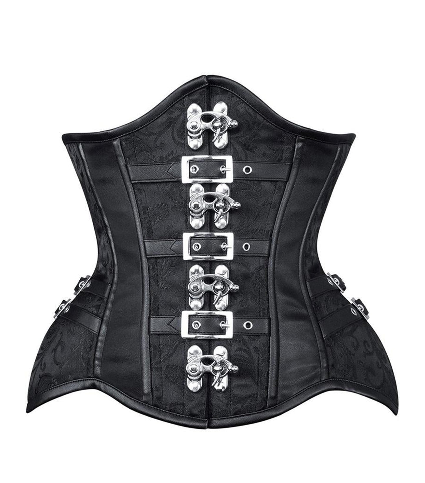 Black Brocade& Faux Leather Authentic Steel Boned Underbust  Waist Training Corset