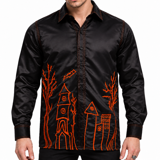 Men’s Black Satin Halloween Shirt with Haunted House Embroidery Easto Garments