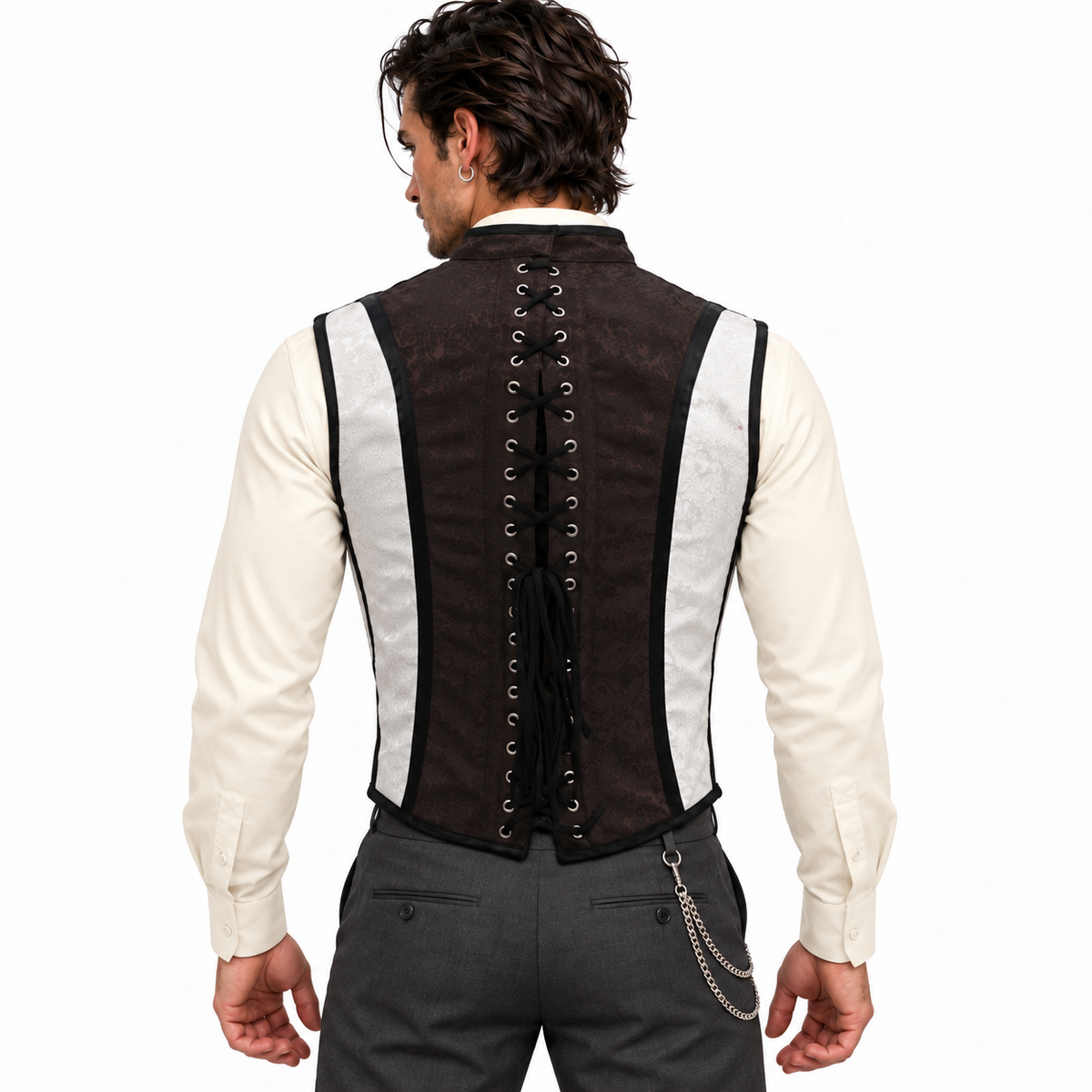 Men’s Brown & White Brocade Steel-Boned Corset Waistcoat Easto Garments