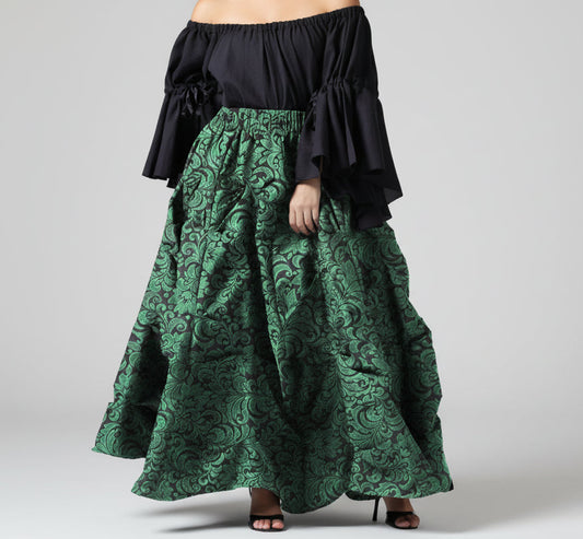 Ruched  Green Brocade Renaissance Skirt  - Wholesale Easto Garments