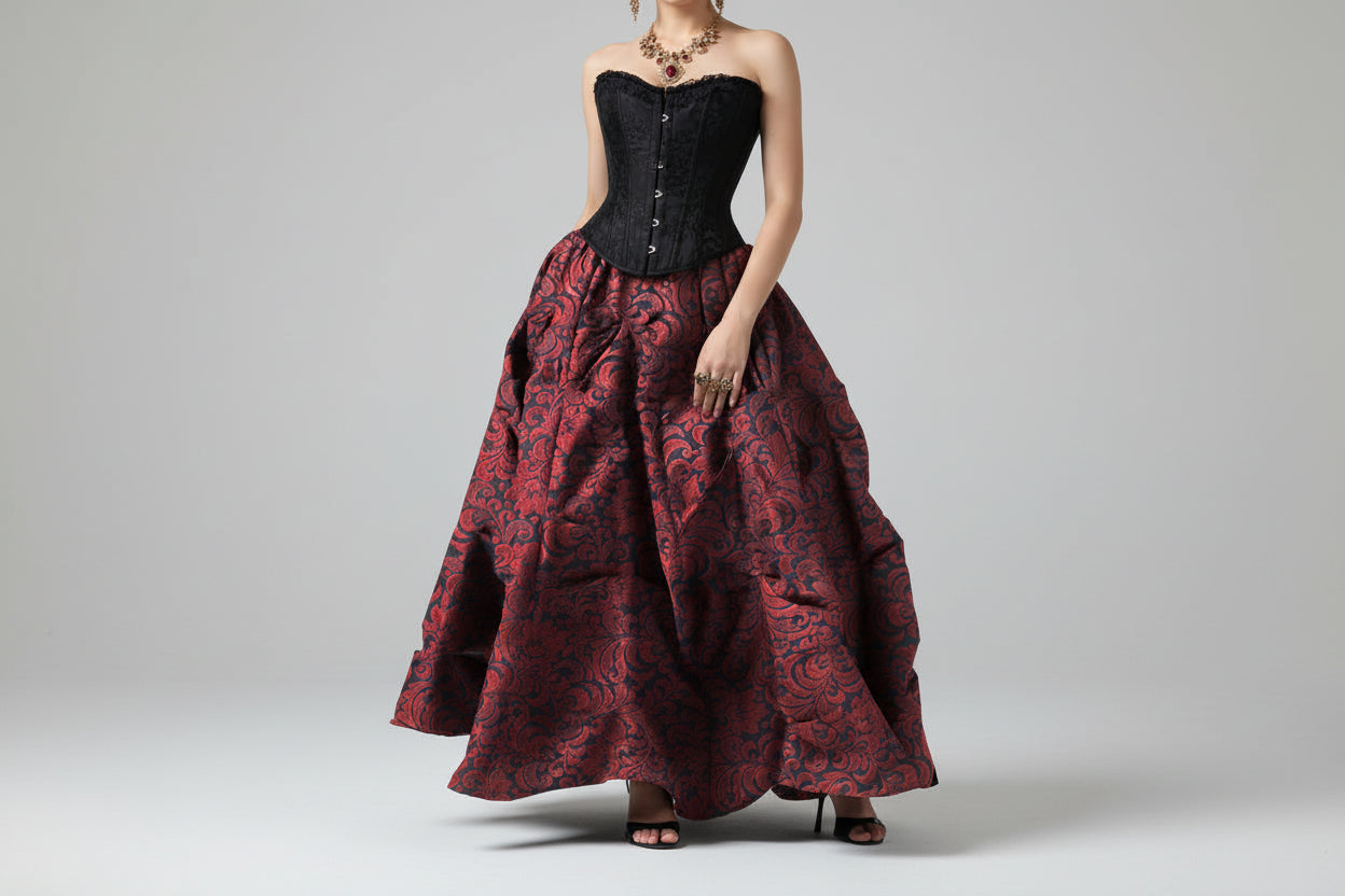 Ruched  Red Brocade Renaissance Skirt  - Wholesale Easto Garments