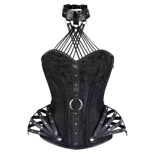 Black Brocade & Black Faux Leather Overbust Corset Easto Garments