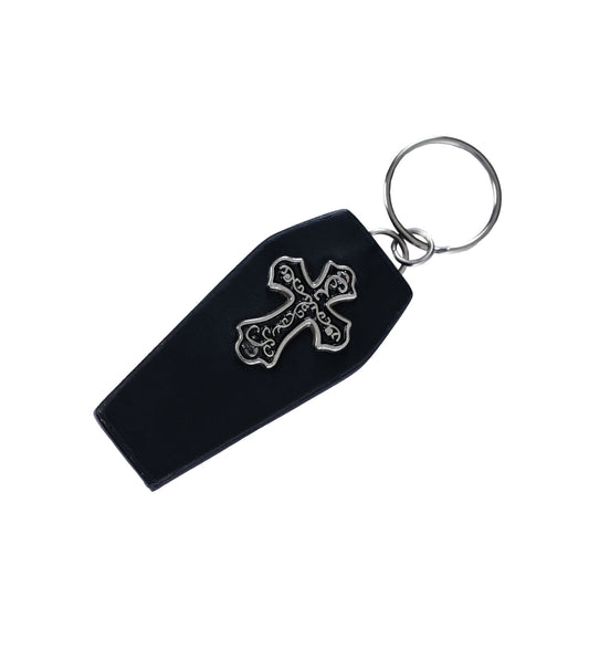 Black Leather Coffin Keychain with Engraved Cross