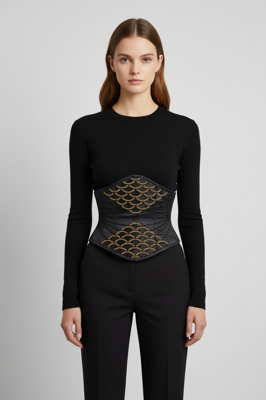Satin Black Embroidered Fish Scale Waist Reducing  Underbust Corset Easto Garments