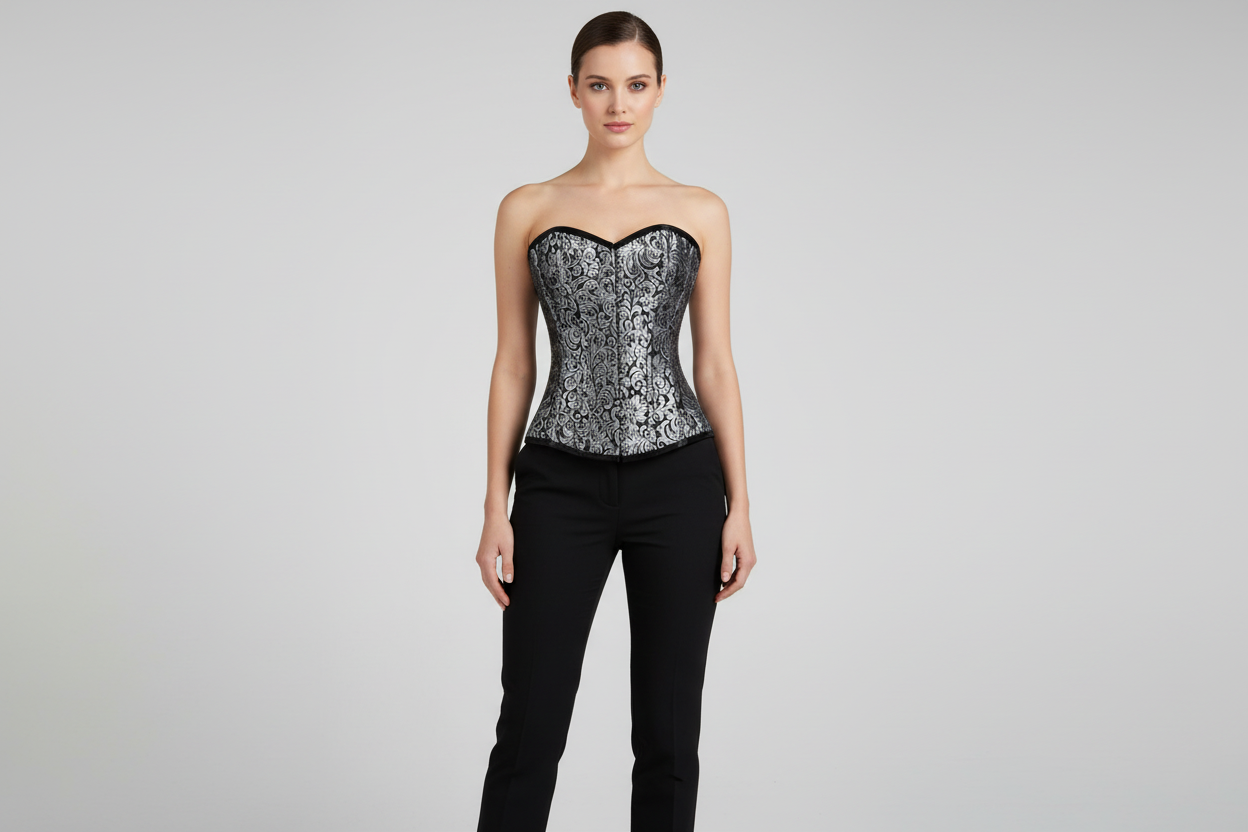Urania Authentic Overbust Corset Black Silver Easto Garments