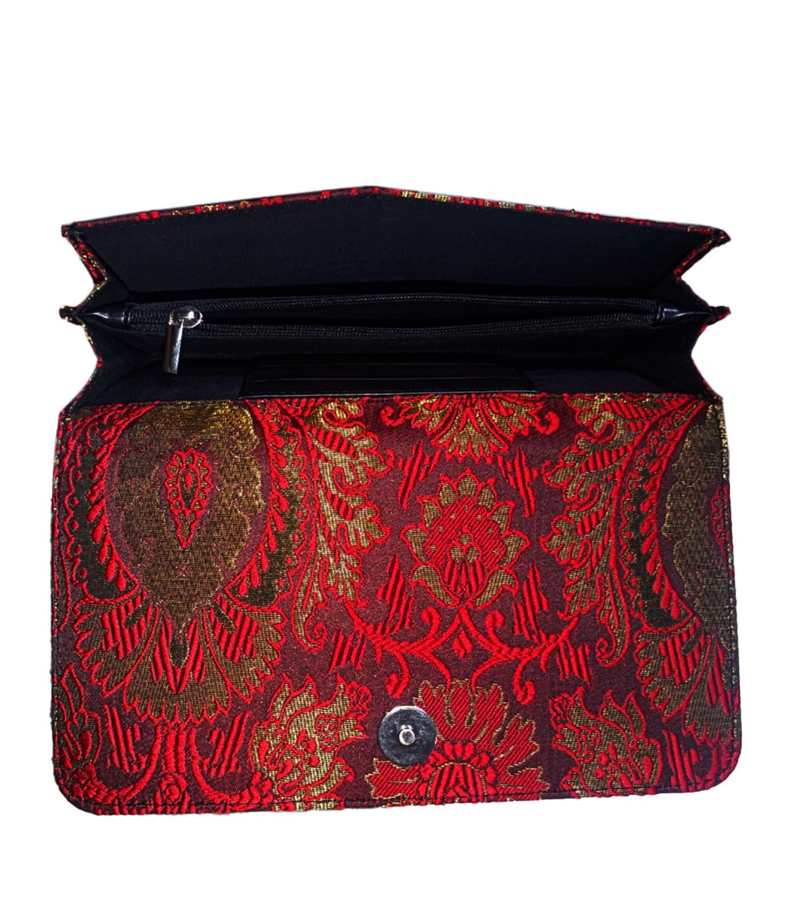 Faux Leather and Red jacquard Fusion: Wholesale Edgy Skull-Studded Clutch